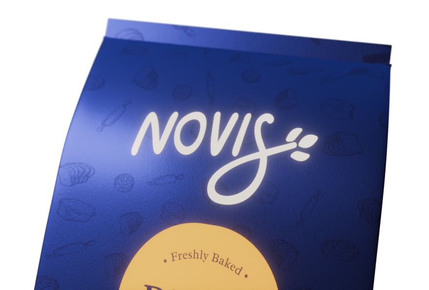 a bakery product package showing Novis logo